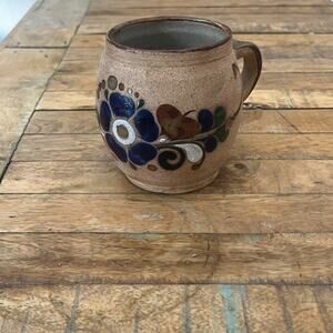 Vintage Mexican Folk Art Pottery Tonala Sand Mug Floral Design Signed
